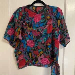 Vtg 80s Vibrant Floral Flowy Top Womens Size M/L Waist Tie Retro Unbranded
